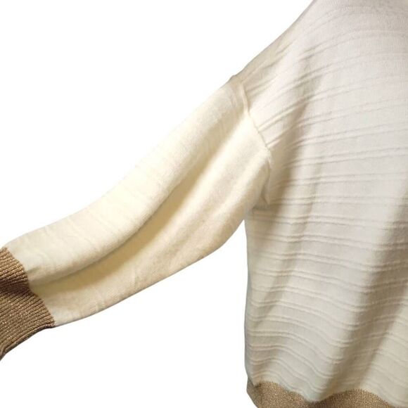 Vince Camuto Lurex Sweater Women's Large Ivory/Gold Crew Neck Long Sleeve Pullov - Picture 2 of 6